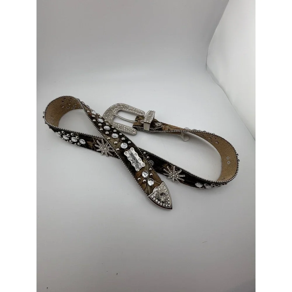 BHW Western Camo Hair on‎ Hide Rhinestone Studded Belt Silver Buckle Size M